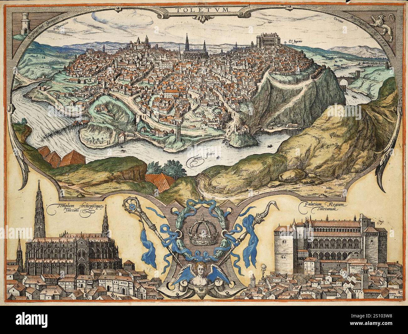 Bildliche illustrierte Karte von Toledo, Spanien. Von Georg Braun, 1566. Vintage-Archivkarte. Stockfoto