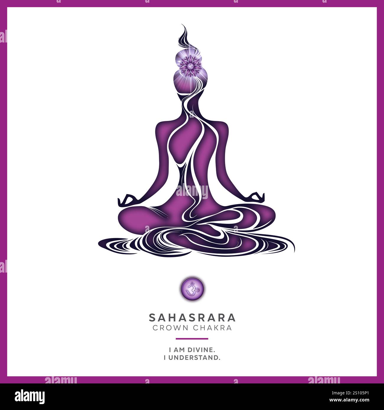 Kronenchakra (Sahasrara) Meditation mit Affirmation. Weibliche Silhouette in Yoga-Lotus-Pose, Inspiration für Transformation, Chakra-Energieheilung. Stockfoto