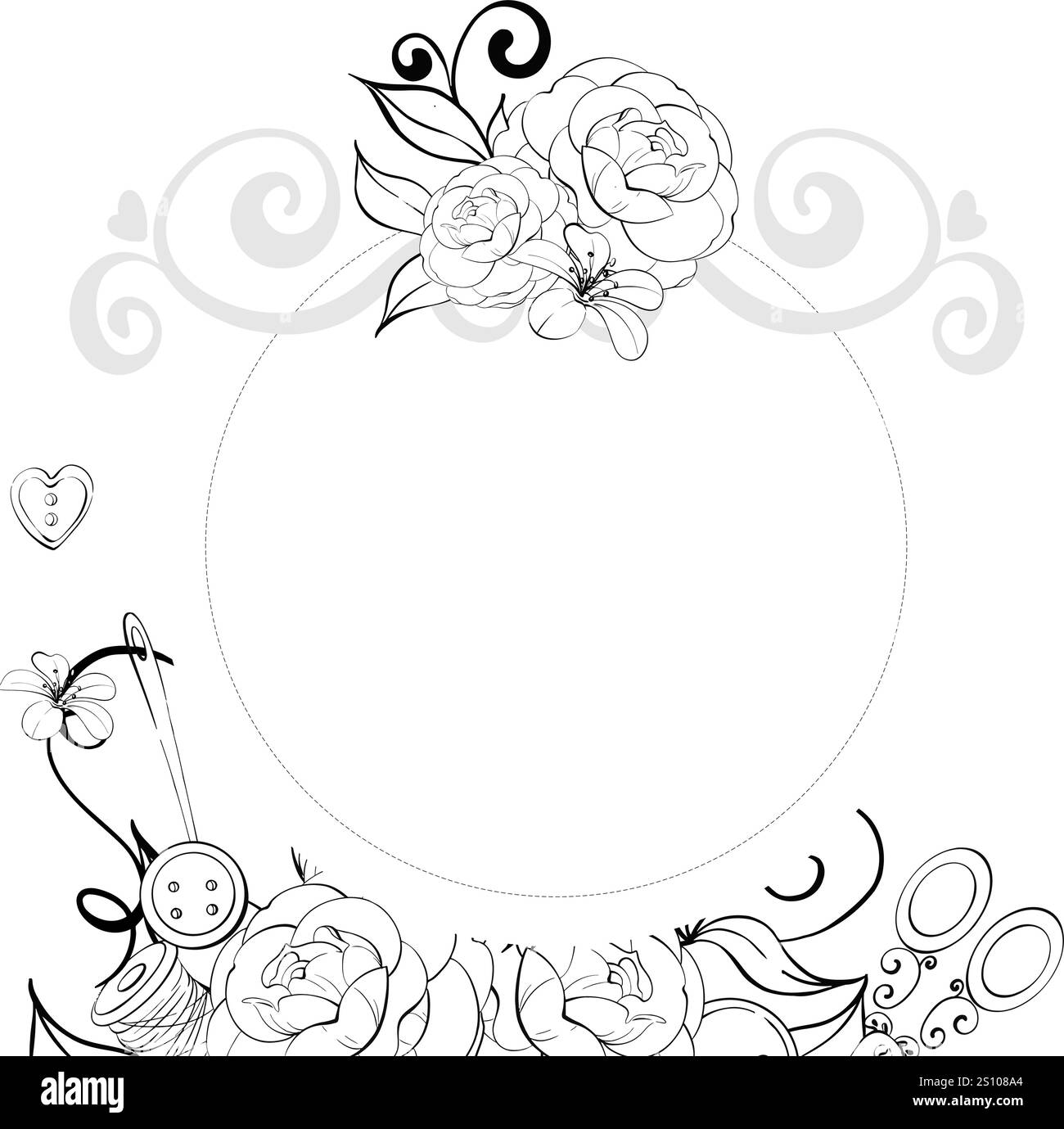 Vintage Circle Rahmen mit Rosen für Etiketten, Design. Vintage Blumen alte Mode, Schneiderei für Postkarten, Stoff, Druck. Grafische Vektorlinie, Hand Stock Vektor