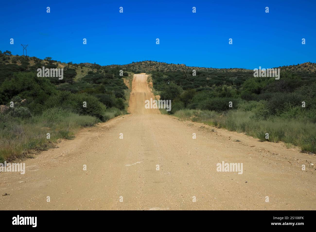 Sandige Schotterstraße durch die Wüste im wunderschönen Kalahari Nationalpark. Tourismus- und Urlaubskonzept. Namibia, Afrika. Stockfoto