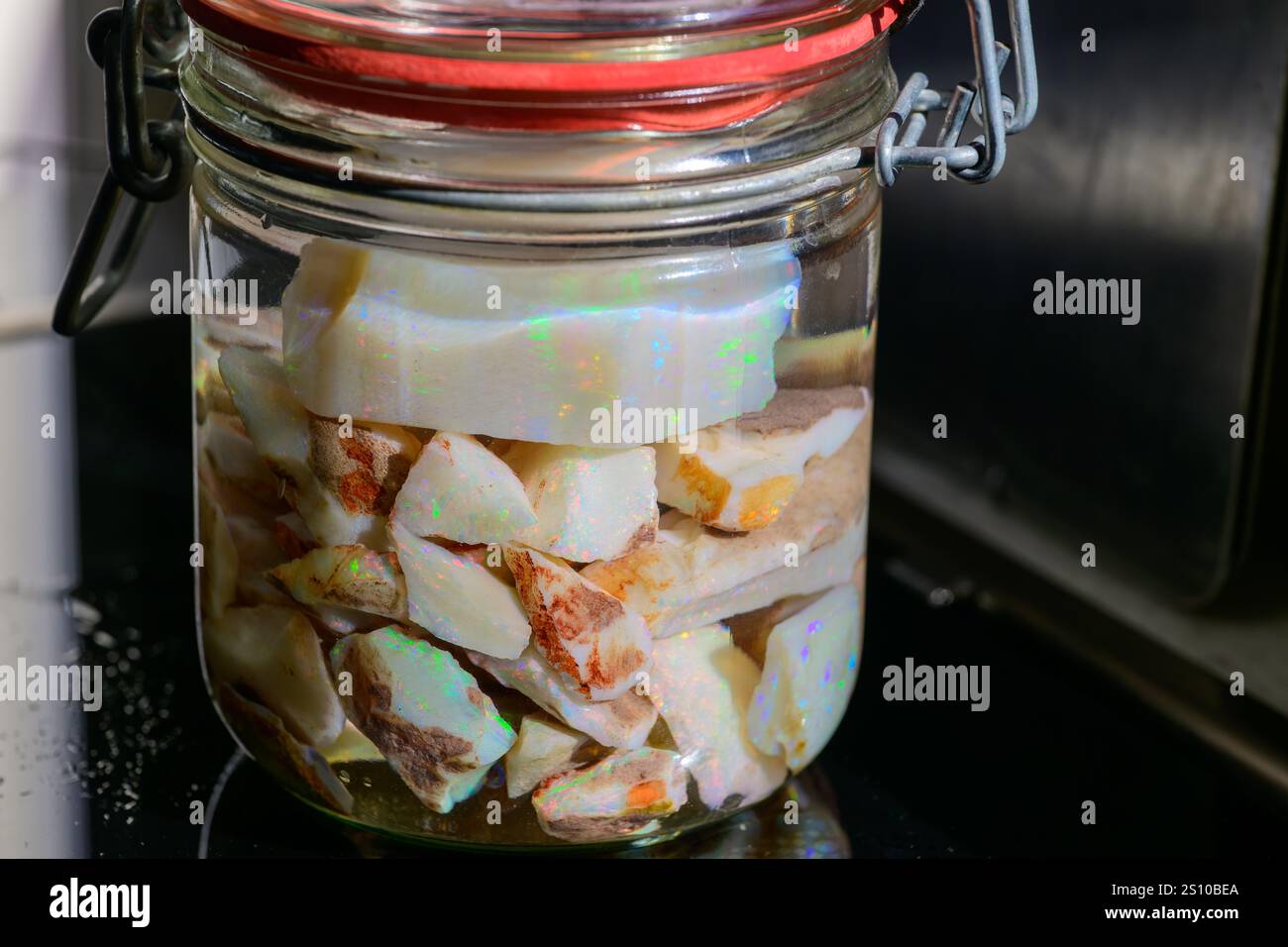 Ein mittelgroßer Schuss aus rauen Opalsteinen, die in einem versiegelten Glasbehälter in Wasser aufgehängt sind und ihre lebendigen Farben und natürlichen Texturen zeigen. Stockfoto