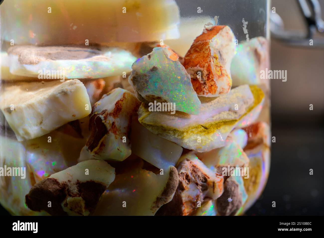 Eine Nahaufnahme von rauen Opalsteinen in einem Glasbehälter, die ihre lebendigen Farben und natürlichen Texturen zeigen. Stockfoto