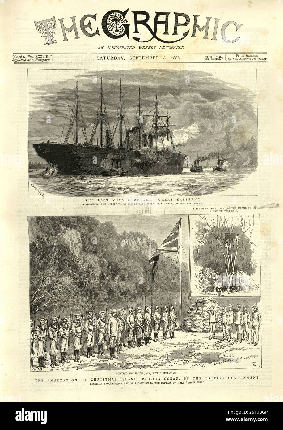 Alte viktorianische Tageszeitung, Last Voyage of the Great Eastern, Annexion der Weihnachtsinsel, 1880er Jahre 19. Jahrhundert Stockfoto