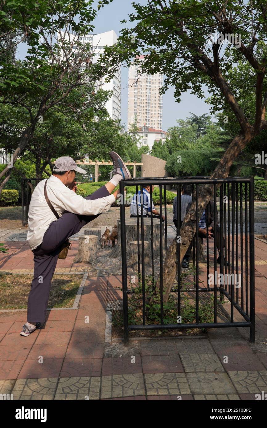 China, Yantai, 2015-06-11, Gesundheit, öffentlicher Park, Freizeit, Qi gong, Gymnastik, Stretching, Senioren, Freizeit, Straße Stockfoto