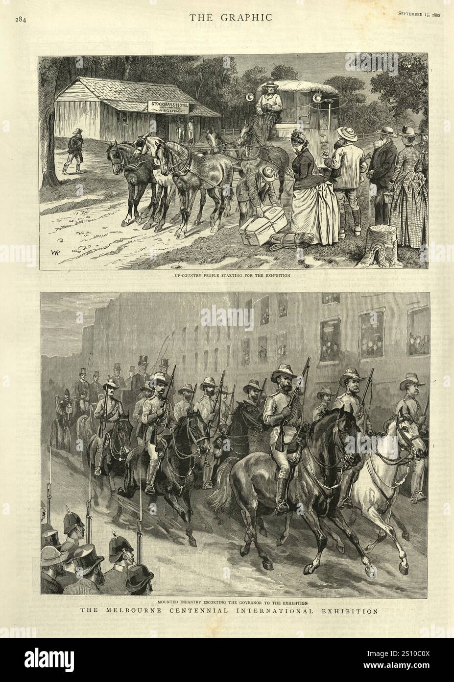 Vintage Illustration Melbourne Centennial Exhibition, Up County People, Mounted Infantry eskorting the Governor, 1888, 19. Jahrhundert Stockfoto