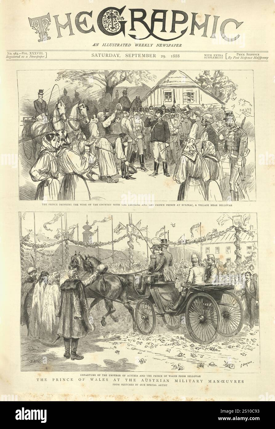 Vintage-Illustration Prince of Wales, später Edward VII., auf einem Besuch in Österreich, 1880er, 19. Jahrhundert Stockfoto