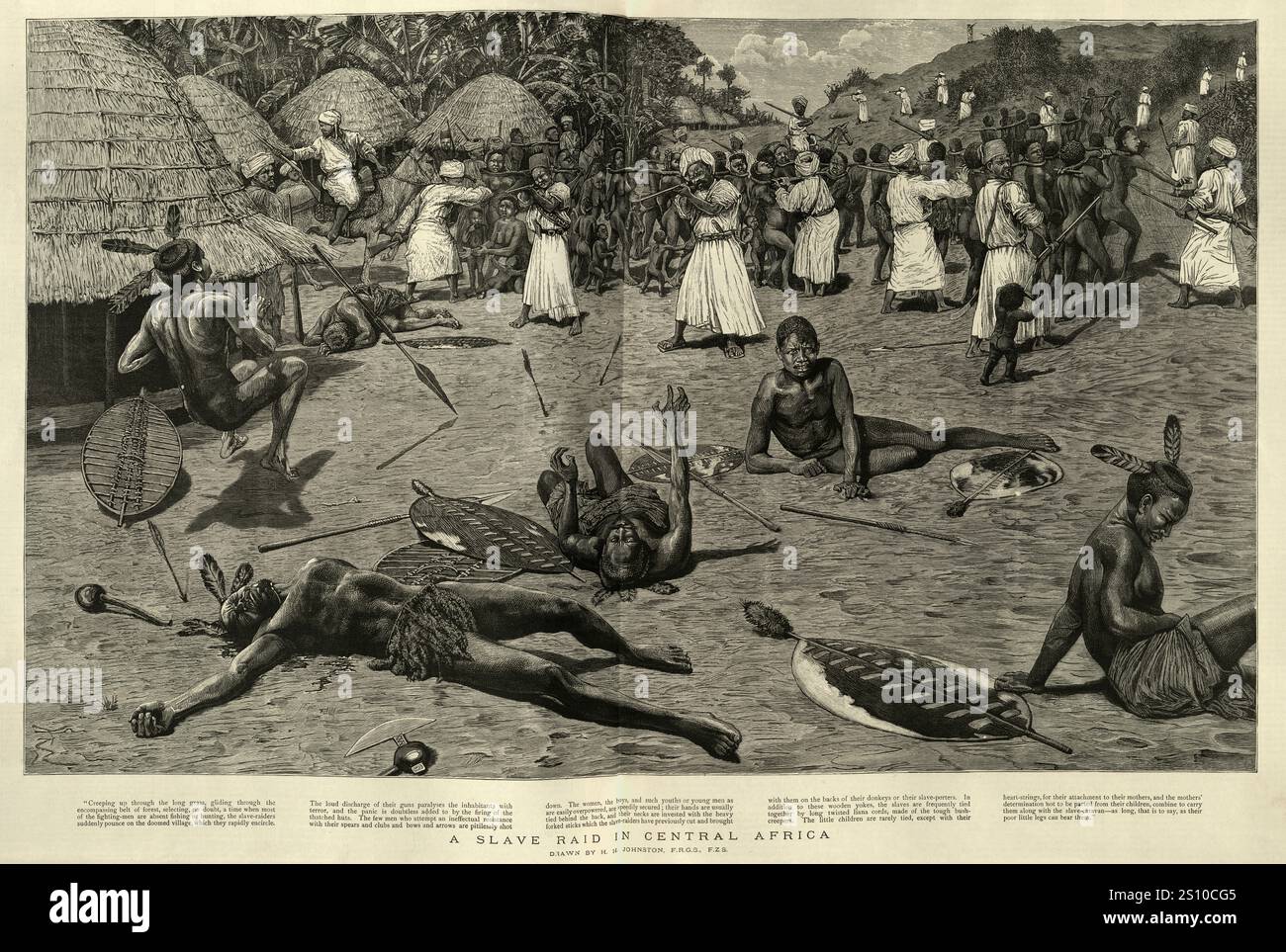 Vintage-Illustration arabische Sklavenhändler greifen ein Dorf in Zentralafrika an, Geschichte des ostafrikanischen Sklavenhandels, 1880er Jahre, 19. Jahrhundert Stockfoto