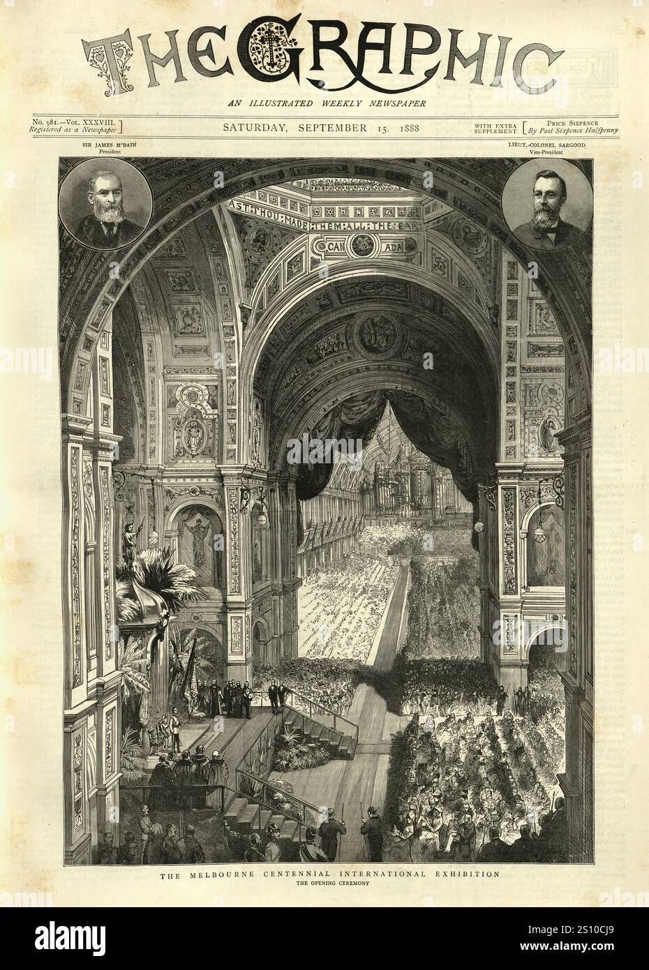 Vintage Illustration Melbourne Centennial Exhibition, Eröffnungszeremonie in den Melbourne Exhibition Buildings, 1888, 19. Jahrhundert Stockfoto