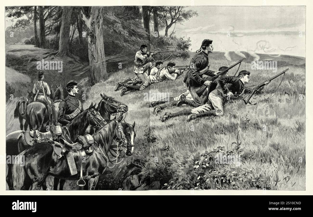 Vintage-Illustration, Ausbildung des Infanterieregiments der Britischen Armee in Aldershot, Militärgeschichte, viktorianisch, 1888 19. Jahrhundert Stockfoto