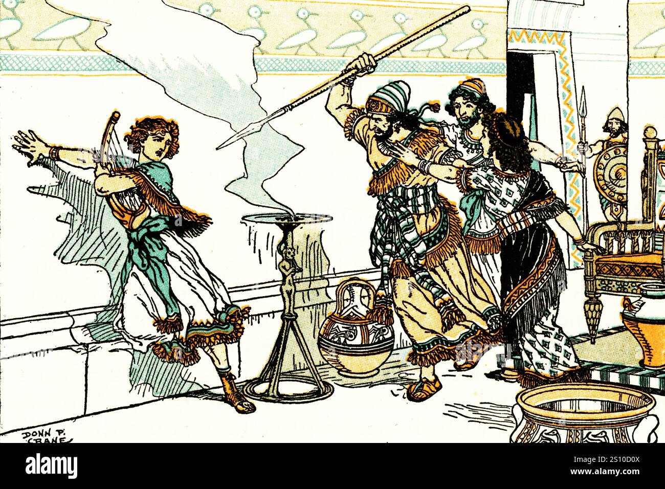 Saul, in seiner Eifersucht, warf einen Speer, um David zu schlagen. Von Donn Philip Crane (1878–1944). Eine Illustration aus 1. Samuel 18:11. Stockfoto