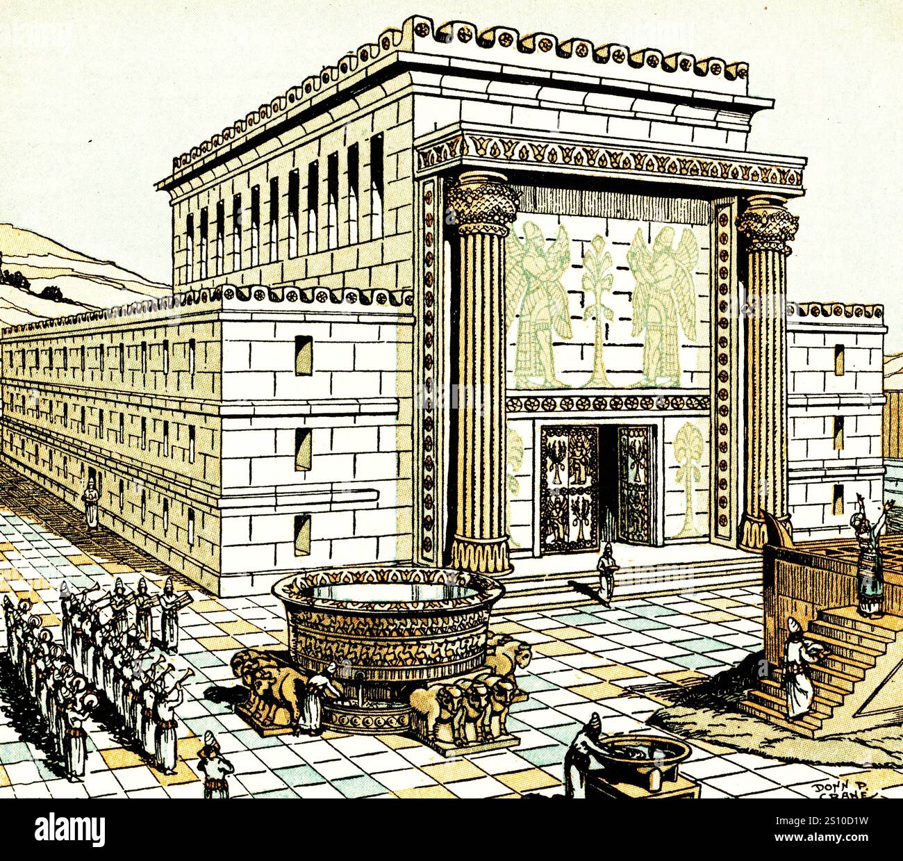 Salomons Tempel nach Osten, 1930. Von Donn Philip Crane (1878–1944). In dieser Künstlerrekonstruktion des Salomo-Tempels ist links vom Bild das große ehne Meer zu sehen, das auf zwölf Ochsen ruht. Während der große Altar direkt vor dem Tempel zu sehen ist. Der Tempel Salomos, auch als erster Tempel Jerusalems bekannt, ist nach der hebräischen Bibel ein Gotteshaus, das von König Salomo auf dem Berg Moriah erbaut und während der Belagerung Jerusalems durch die babylonische Armee Nebukadnezar II. Zerstört wurde Stockfoto