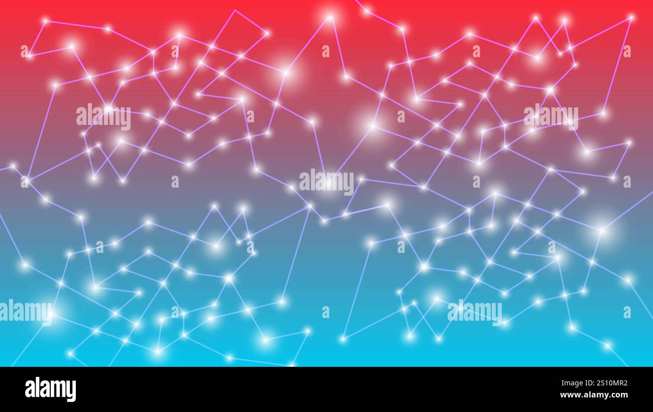 Abstraktes Hintergrundbild mit roter Himmelblau-Technologie mit hellen Objekten, die online verbunden sind und ein Netzwerk bilden Stock Vektor