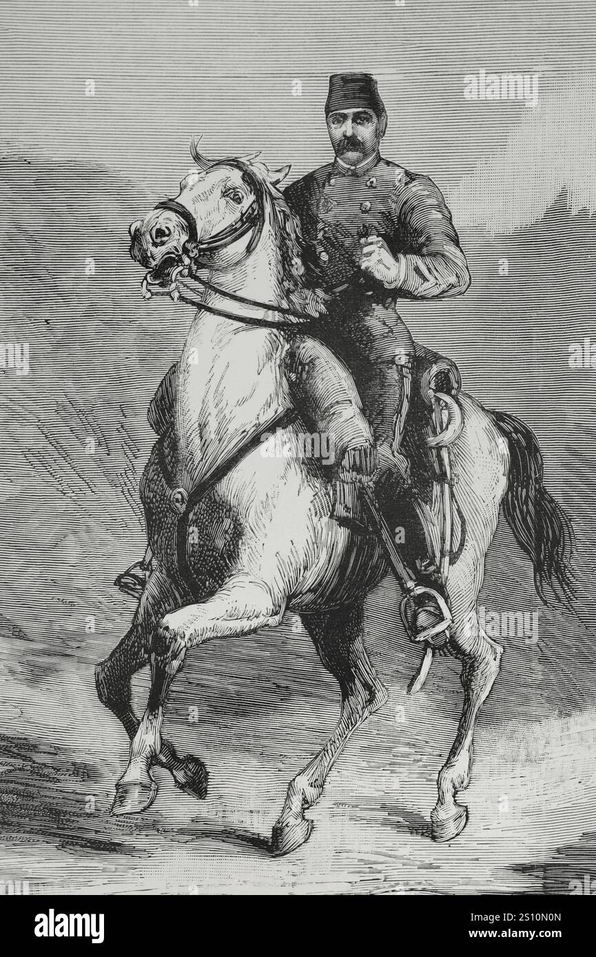 Valentine Baker (1827–1887), bekannt als Baker Pascha. Britischer Offizier, der das anglo-ägyptische Korps kommandierte, das in der ersten Schlacht von El Teb (4. Februar 1884) während des Mahdistenkrieges (1881–1899) besiegt wurde. Reiterporträt. Zeichnung von Juan Comba. Gravur. La Ilustracion Espanola y Americana (die spanische und amerikanische Illustration), 15. Februar 1884. Stockfoto
