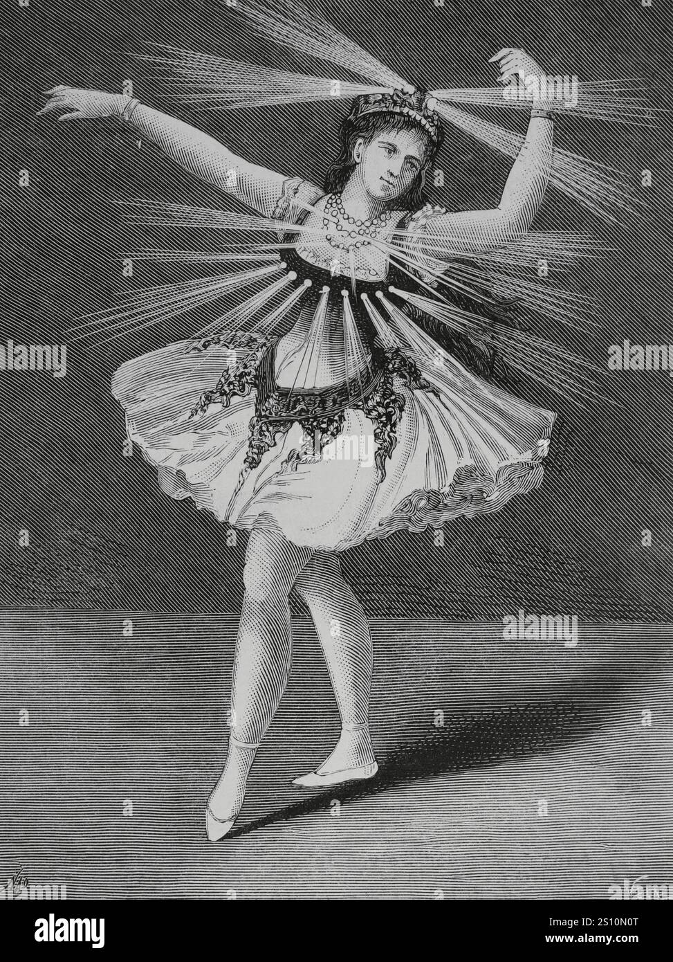 Frankreich. Pariser Oper. „La Farandole“. Ballett in drei Akten des französischen Komponisten Theodore Dubois (1837–1924), 1883. Tänzerin während einer Aufführung von „La Farandole“, die Mitte Dezember 1883 präsentiert wurde und mit elektrischen Schmuckstücken geschmückt war, Trouve-System. In der Szene von „die Versuchung“, die im Amphitheater Arles stattfindet, begrüßte das Publikum einstimmig den Auftritt der arlesischen Feen, die Juwelen und leuchtende Farben auf ihren Diademen, Ketten und Overalls trugen, wie in der Gravur dargestellt. Zeichnung von Manuel NAO (1843-1884). Stich von Vela. La Ilustracion Espanola y Amer Stockfoto