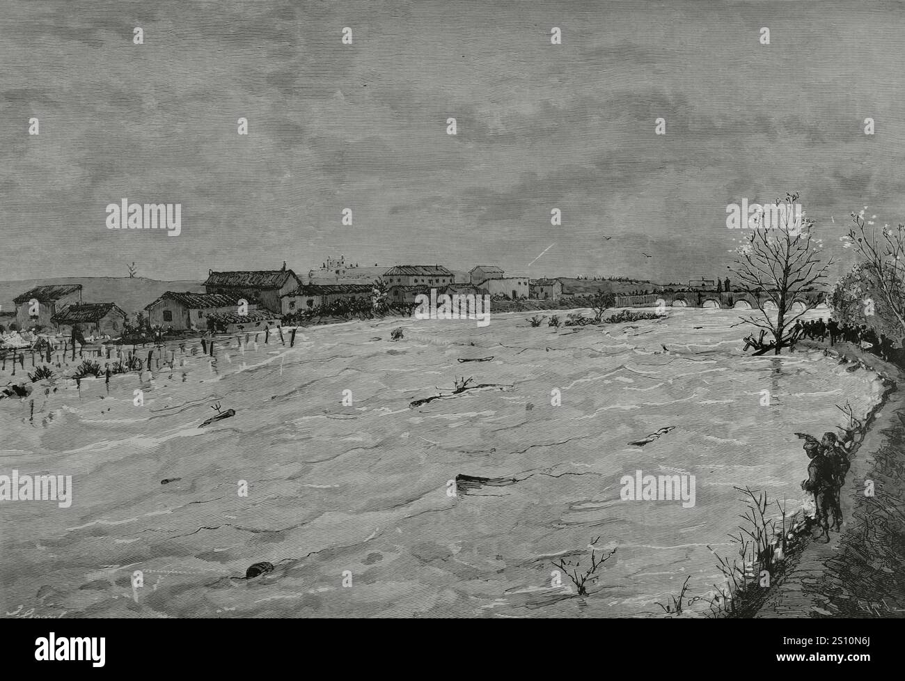 Geschichte Spaniens. Madrid. Überschwemmung des Manzanares. Aspekt des Flusses in der Umgebung der Brücke von Toledo, 6. April 1884. Zeichnung von Juan Comba. Stich von Tomas Carlos Capuz (1834-1899). La Ilustracion Espanola y Americana (die spanische und amerikanische Illustration), 15. April 1884. Stockfoto