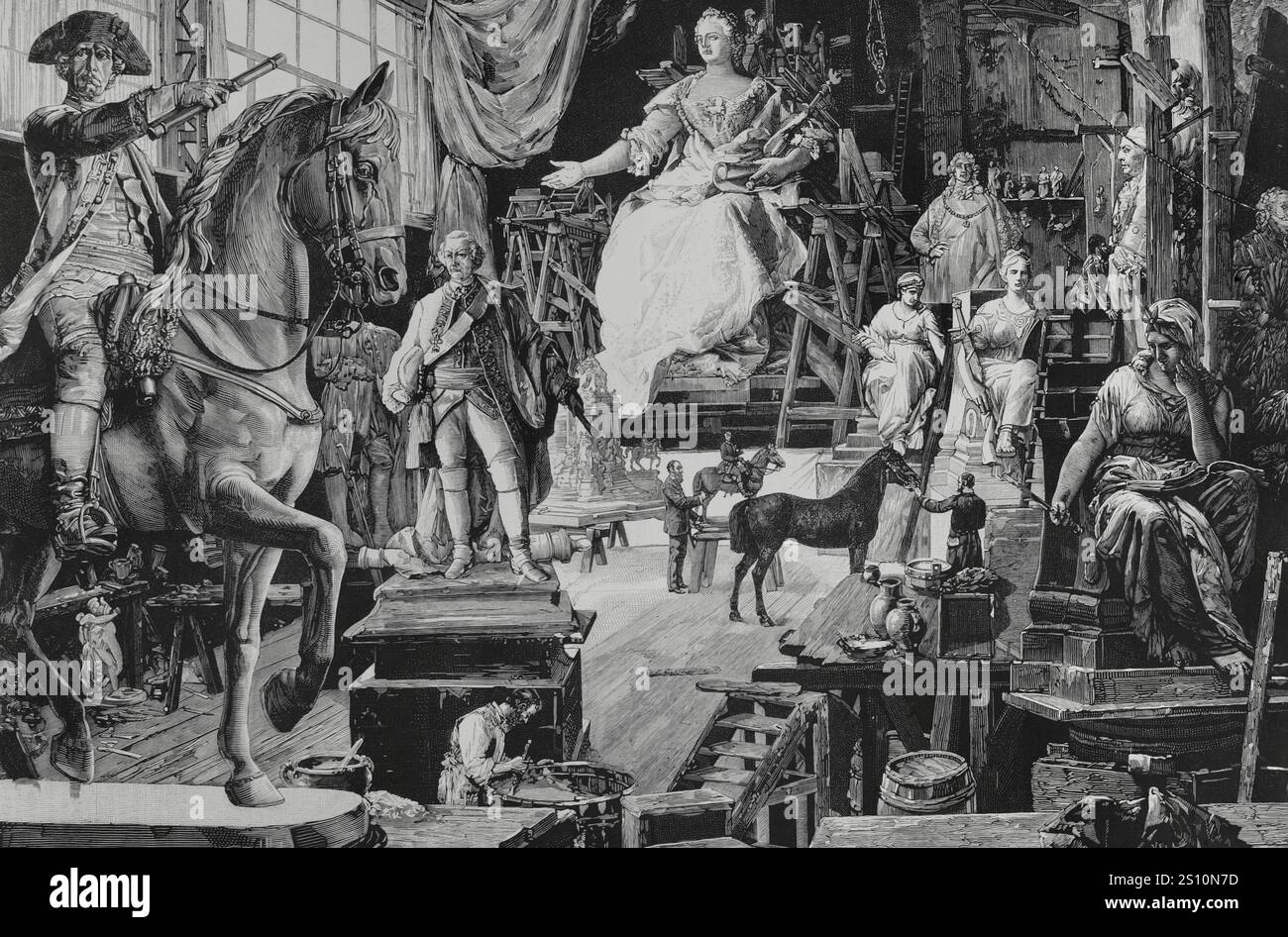 Wien, Österreich. Skulpturenwerkstatt von Kaspar von Zumbusch (1830-1915). Statuen und Reliefs für das geplante Denkmal zu Ehren der Kaiserin Maria Theresia von Österreich (1717-1780). Zeichnung aus dem Leben von W. Gause. Stich von Vela. La Ilustracion Espanola y Americana (die spanische und amerikanische Illustration), 22. Mai 1884. Stockfoto