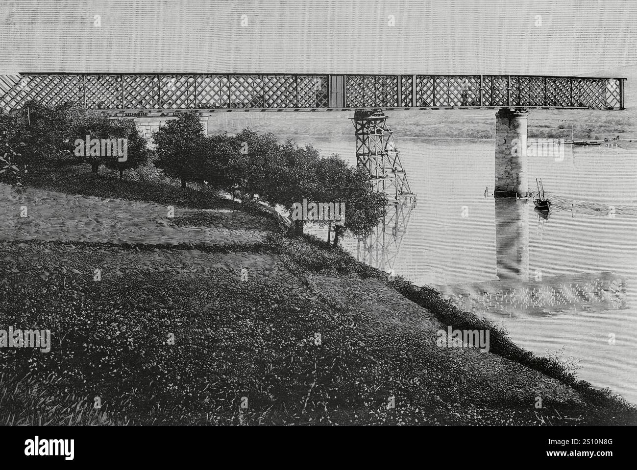 Geschichte Spaniens. Galicien. Provinz Pontevedra. TUI International Bridge über den Fluss Mino. Sie wurde von dem Ingenieur Pelayo Mancebo y Agreda (1845–1912) entworfen. Die Bauarbeiten begannen 1884 und wurden am 25. März 1886 offiziell eröffnet. Sie stellte eine Verbindung zwischen den Städten Tui (Spanien) und Valenca do Mino (Portugal) her. Stand der Arbeiten im Februar 1884, nach der Installation von drei Metallabschnitten, von den insgesamt fünf, die es bilden würden. Stich von Tomas Carlos Capuz (1834-1899). La Ilustracion Espanola y Americana (die spanische und amerikanische Illustration), 8. März 1884 Stockfoto