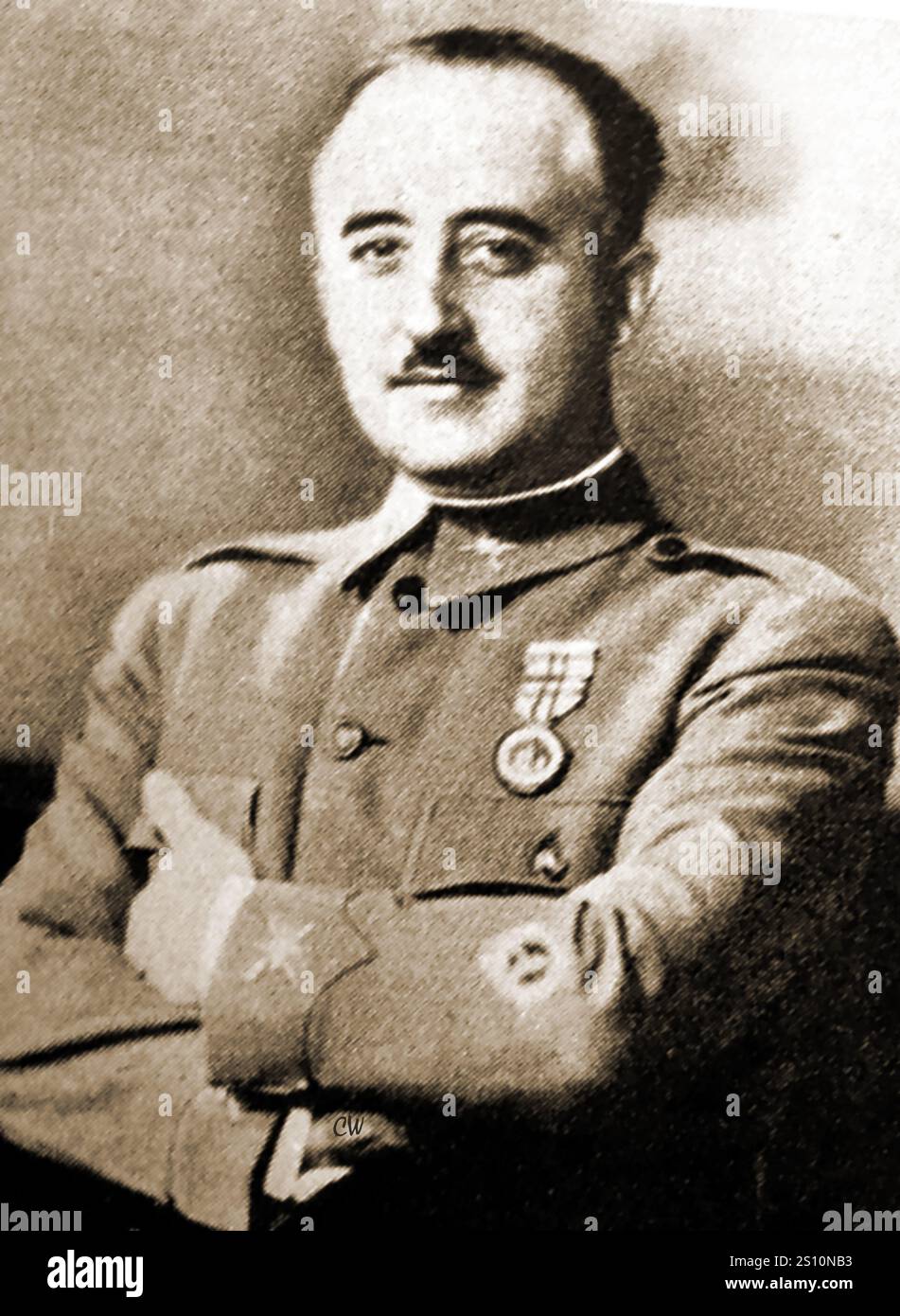 Nach dem Spanischen Bürgerkrieg (1940er Jahre) – ein altes Porträt von Francisco Franco oder Francisco Franco Bahamonde (1892–1975). Der spanische Militärgeneral, der die nationalistischen Kräfte beim Sturz der Zweiten Spanischen Republik während des Spanischen Bürgerkriegs führte, wurde tatsächlich als Francisco Paulino Hermenegildo Teódulo Franco Bahamonde geboren. -- UN antiguo retrato de Francisco Franco o Francisco Franco Bahamonde (1892–1975). El General militar español que lideró a las fuerzas nacionalistas en el derrocamiento de la Segunda República Española durante la Guerra Civil Española. Stockfoto