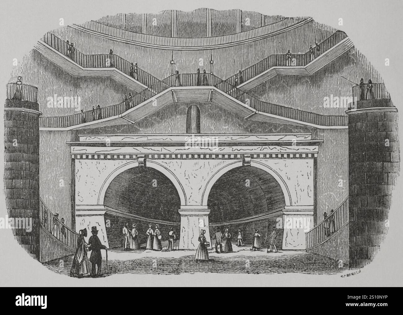 London, England. Thementunnel. Die Galerie überquert die Themse und verbindet die Stadtteile Rotherhithe und Wapping. Sie wurde zwischen 1825 und 1843 von Marc Brunel (1769–1849) und seinem Sohn Isambard Kingdom Brunel (1806–1859) erbaut. Eröffnung am 25. März 1843. Eingang Wapping. Kupferstich von Cabanach. „Los Heroes y las Grandezas de la Tierra“ (die Helden und die Grandeurs der Erde). Band VIII. 1856. Stockfoto