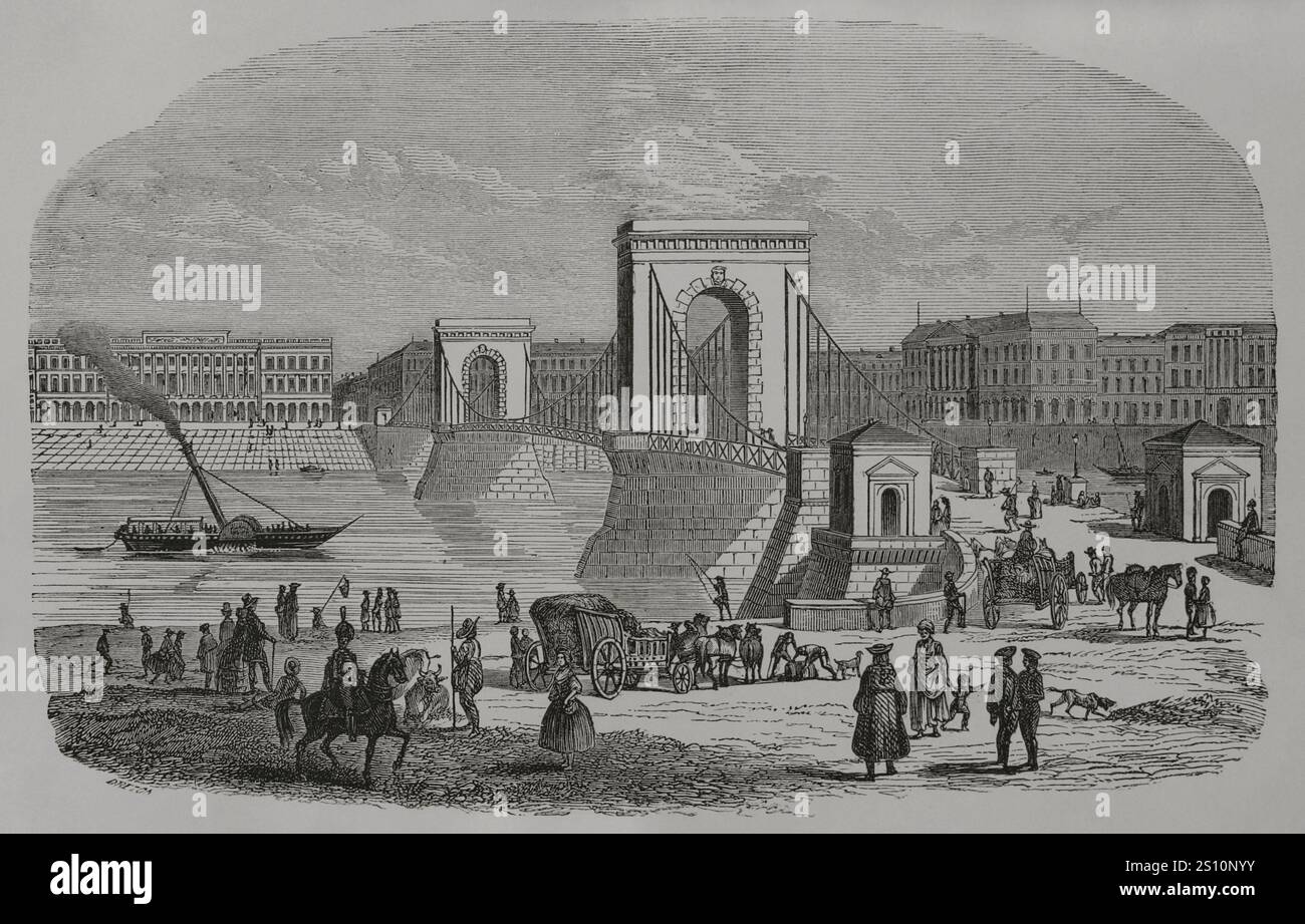 Ungarn. Kettenbrücke. Brücke über die Donau, die die beiden Städte Buda und Pest miteinander verband. Er wurde von dem englischen Ingenieur William Tierney Clark (1783–1852) entworfen und von dem schottischen Ingenieur Adam Clark (1811–1866) gebaut. Der Bau begann 1839 und wurde am 20. November 1849 eingeweiht. Gravur. Los Heroes y las Grandezas de la Tierra (die Helden und die Grandeure der Erde). Band VIII. 1856. Stockfoto