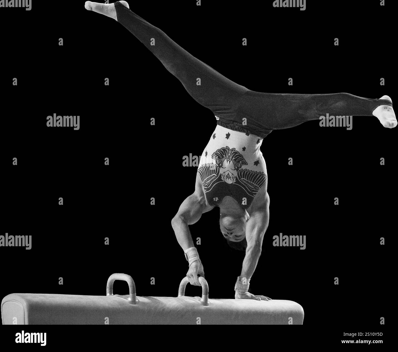 Lorenzo Min Casali, italienischer Turner, beendet seine Pommel-Horse-Routine im Wettkampf. Ancona (Italien) 2024 Stockfoto