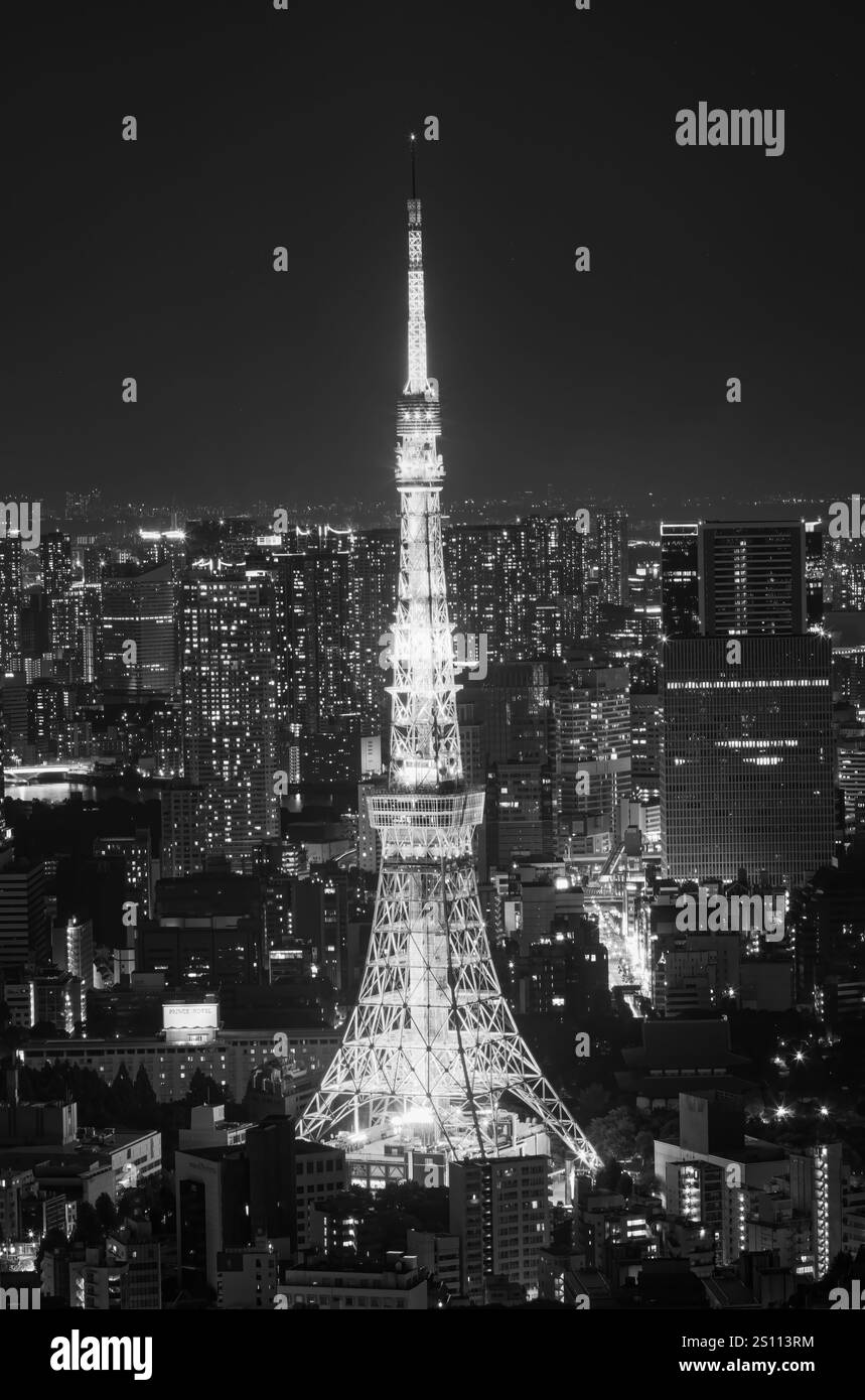 Tokio, Japan - 1. November 2024: Tokio Tower bei Nacht mit Blick auf die Straße Stockfoto