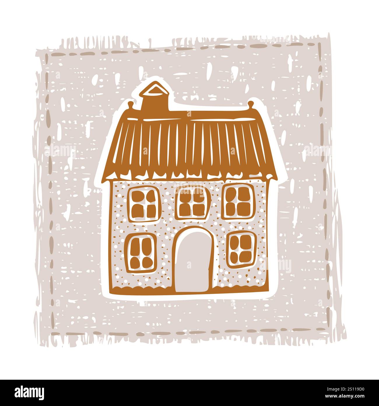 Skurrile schneebedeckte Hüttentür mit festlichem Weihnachtsmotiv im dezember. Winterurlaub soziale Medien niedliches handgezeichnetes festliches Heimkarten-Designelement Stock Vektor