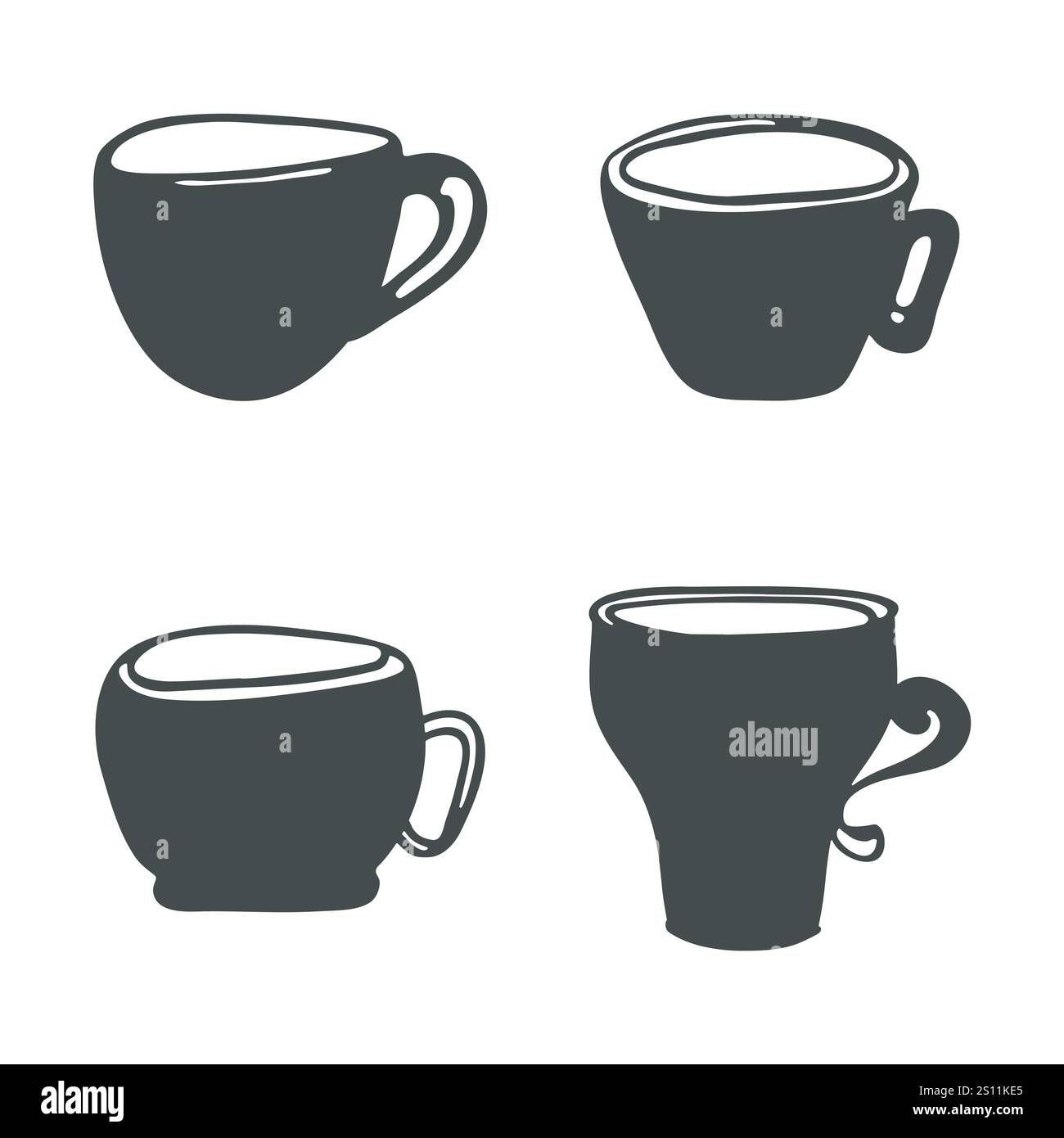 Schwarzes Clip-Art-Set für Teetasse. Doodle Icon, handgezeichnete dekorative Küchenartikel, niedliches Zeichentrickdesign. Verschiedene isolierte Elemente. Vektor Stock Vektor