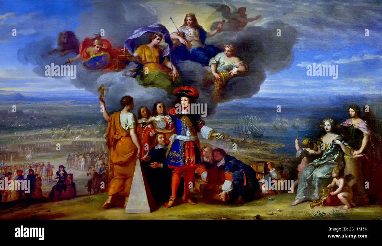 König Ludwig XIV. Erklärt Holland den Krieg, 1680 Adam Frans van der MEULEN, Francois Verdier. 1632–1690 Belgisch, Belgien, Flämisch (König Ludwig XIV. - Niederländischer Krieg (1672–1678) die Überquerung des Rheins durch die königliche Armee am 12. Juni 1672). Frankreich, Französisch. Stockfoto