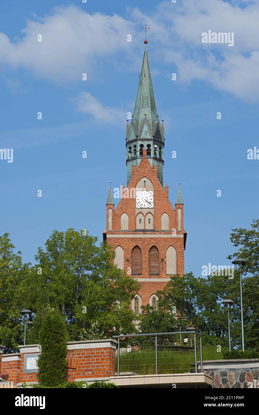 Hoher Kirchturm aus rotem Backstein mit Uhr, umgeben von grünen Bäumen unter einem hellblauen Himmel, Heilige Herzkirche, ENK, Elch, Lyck, Ermland-Masurien, Polan Stockfoto