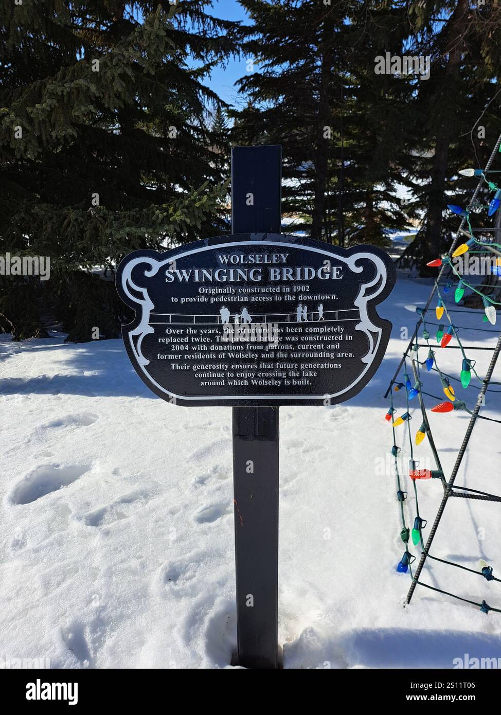 Wolseley Swinging Bridge Schild in Wolseley, Saskatchewan, Kanada Stockfoto