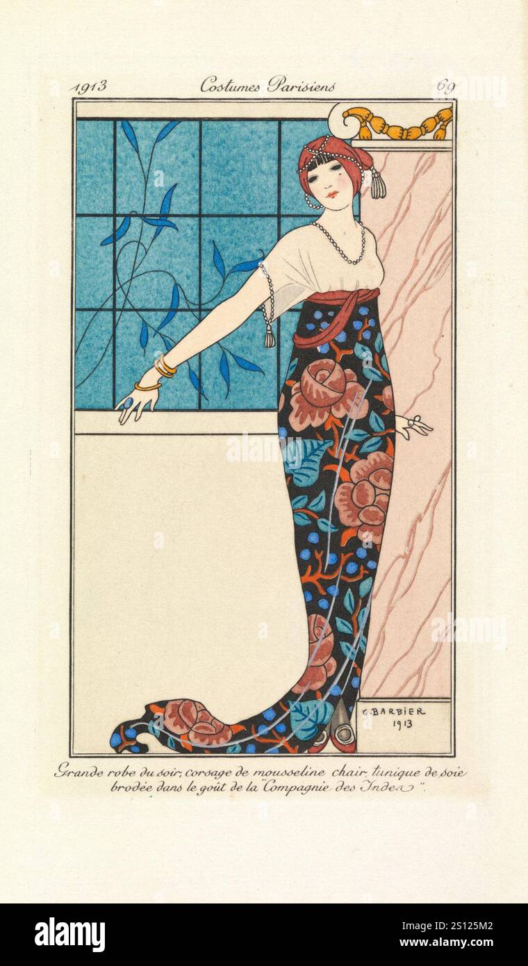 Abendkleid (Grande Robe du soir, Corsage de Mousseline Stuhl, Tunique de Soie Brodée dans le goût de la „Compagnie des Inden“) Stockfoto
