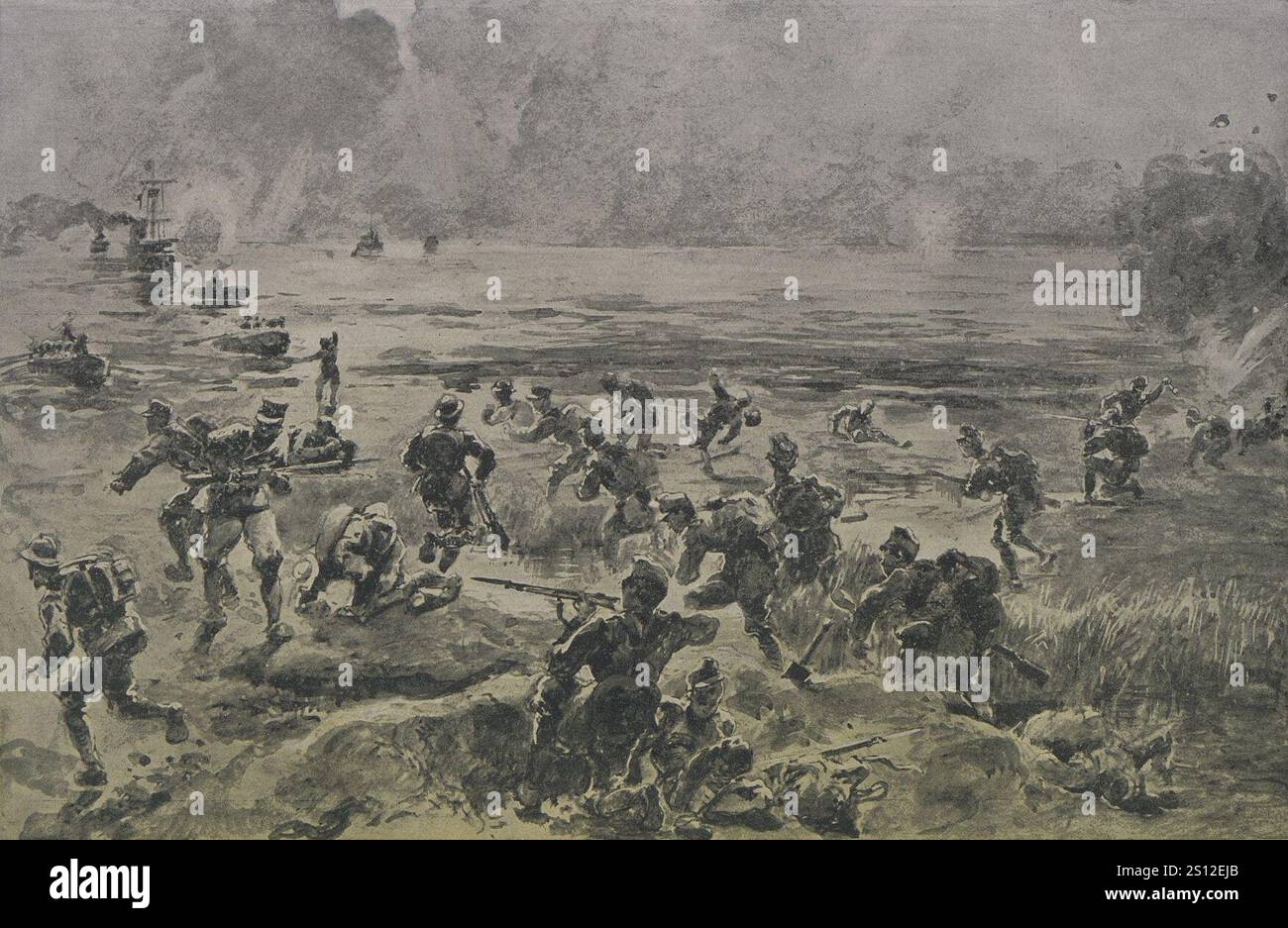 Gescheiterter Angriff der Italiener unter dem Schutz ihrer Marinestreitkräfte im Piave-Delta am 4. Juli 1918. Stockfoto