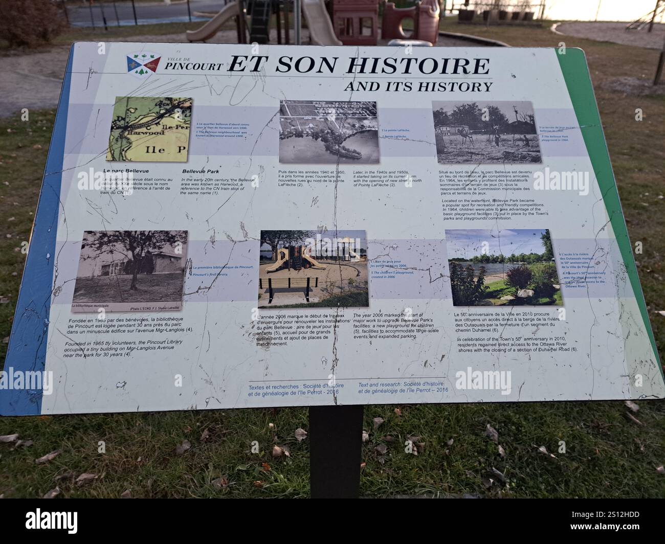 Informationsschild zur Geschichte von Pincourt im Bellevue Park in Quebec, Kanada Stockfoto