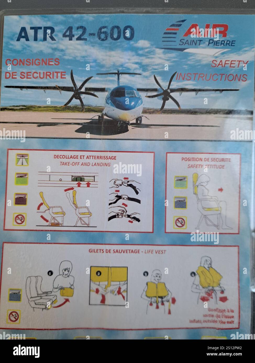 Air Saint-Pierre Sicherheitsanweisungen für das Flugzeug in St. Pierre & Miquelon, Frankreich Stockfoto