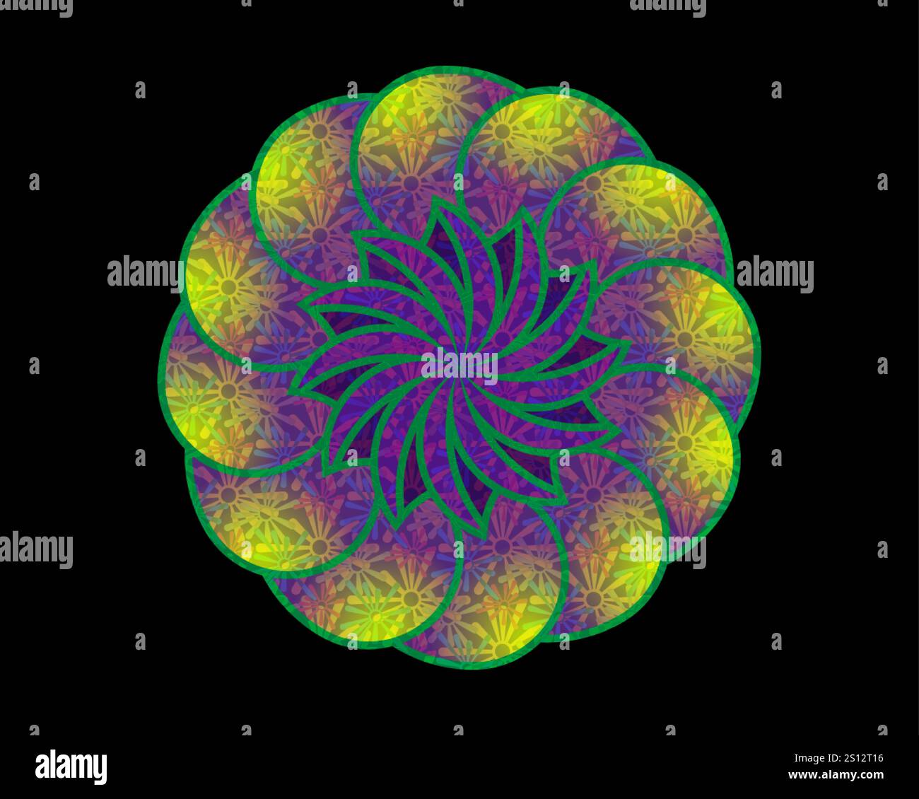 Bunte Vorlage für heiliges Mandala zum Drucken. Rundes Blumenelement im Design isoliert auf schwarzem Hintergrund. Kreismuster. Vektorabbildung Logo Stock Vektor