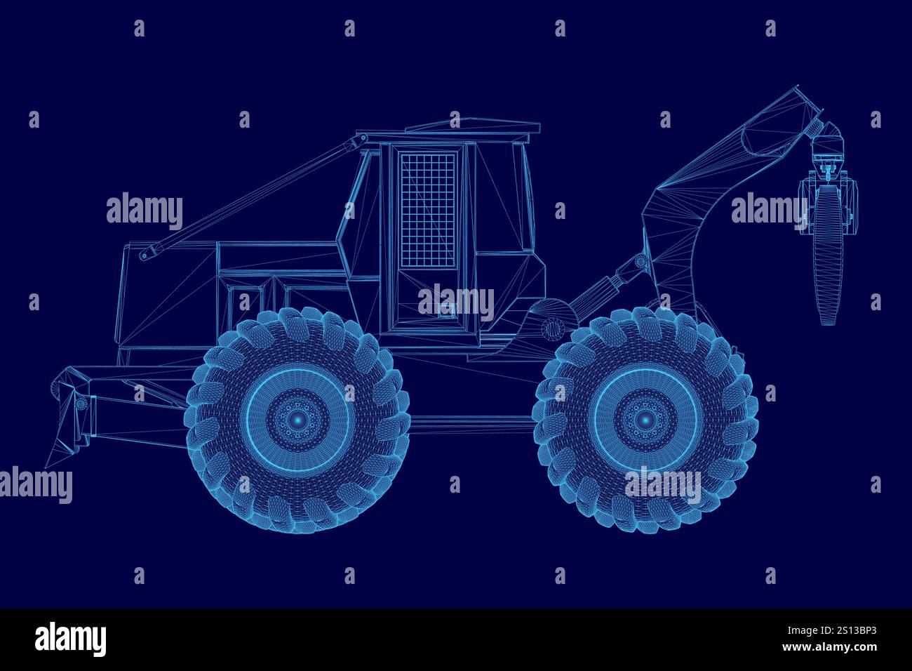Blaues Bild eines großen Lkws mit einem Kran auf der Rückseite. Das Fahrzeug wird stilistisch dargestellt, wobei die Reifen und Räder hervorgehoben sind. Szene ist futuristisch Stock Vektor