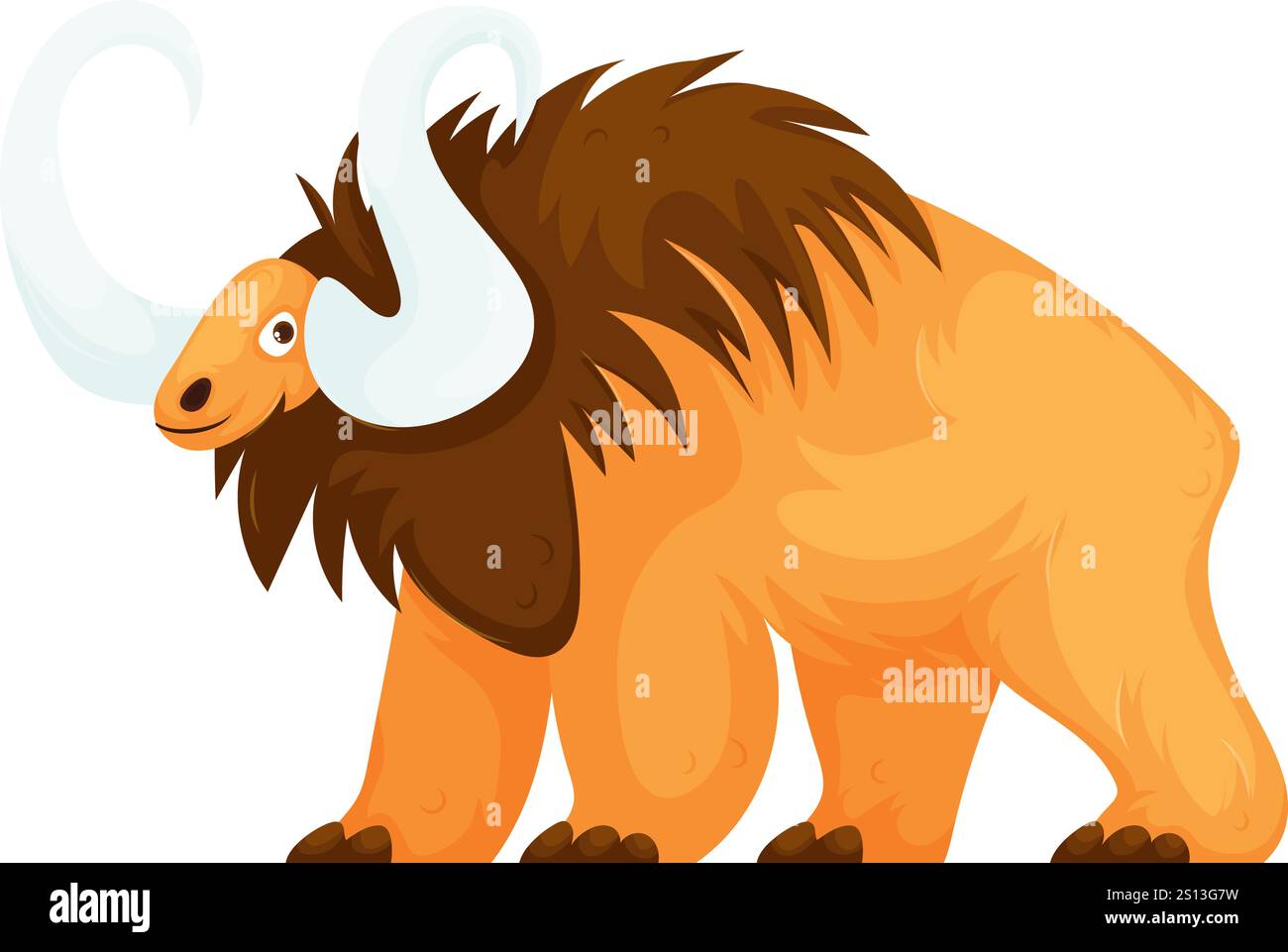 Bunte Zeichentrickillustration eines Wollmammuts mit großen gebogenen Stoßzähnen und zotteligem Fell, vor weißem Hintergrund. Stock Vektor
