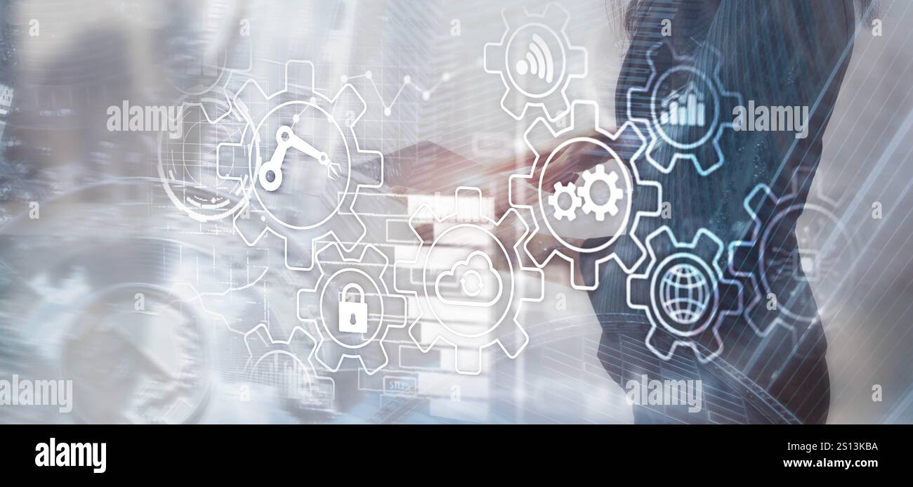 Zahnradsymbole auf dem Hintergrund der Stadt. RPA Robotic Process Automation Stockfoto