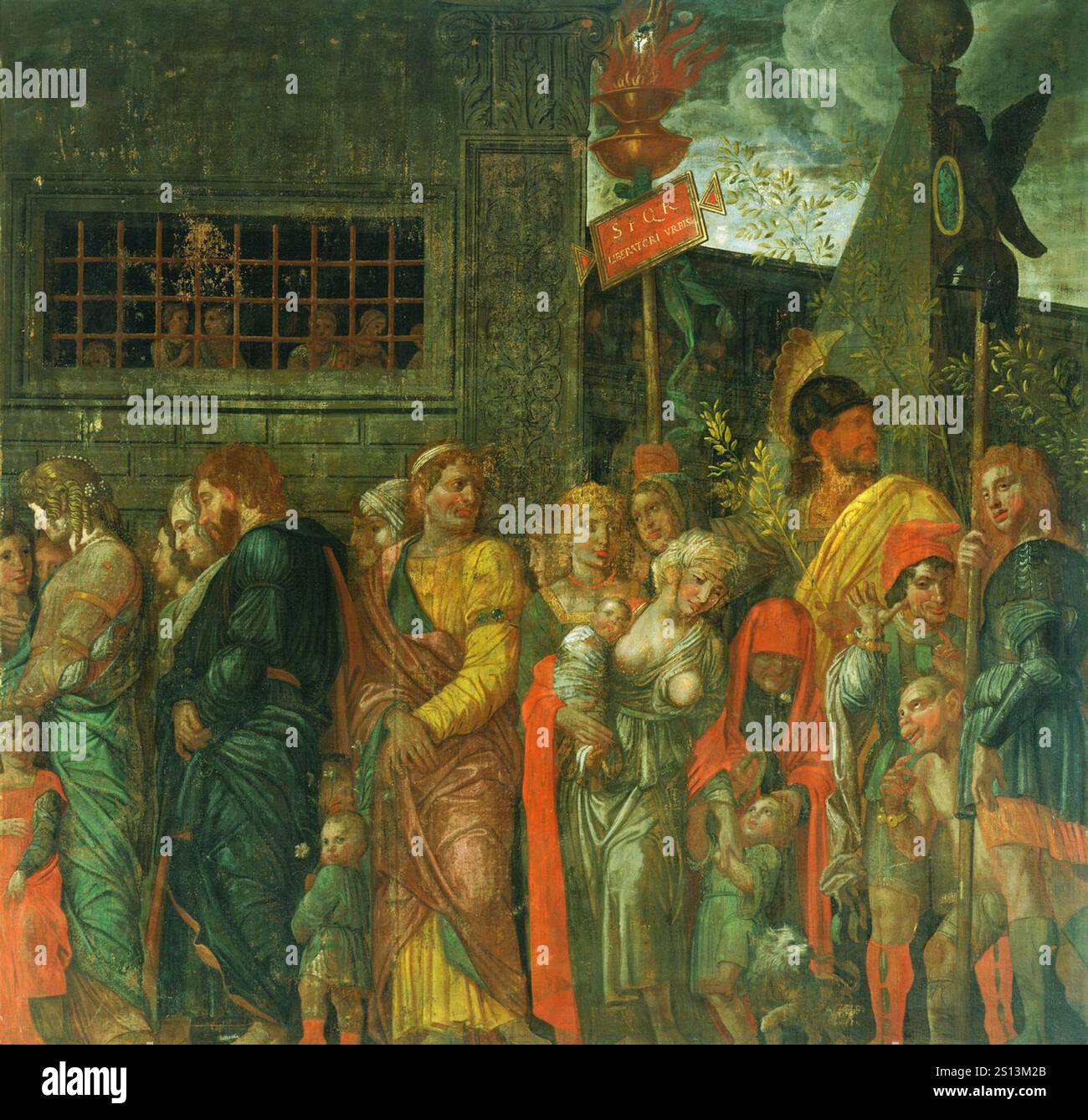 Die Triumphe von Caesar sind eine Serie von neun großen Gemälden, die der italienische Renaissance-Künstler Andrea Mantegna zwischen 1484 und 1492 für den Ducal Palace von Gonzaga in Mantua schuf. Sie stellen eine triumphale Militärparade dar, die den Sieg von Julius Cäsar in den Gallischen Kriegen feiert. - Gefangene Stockfoto