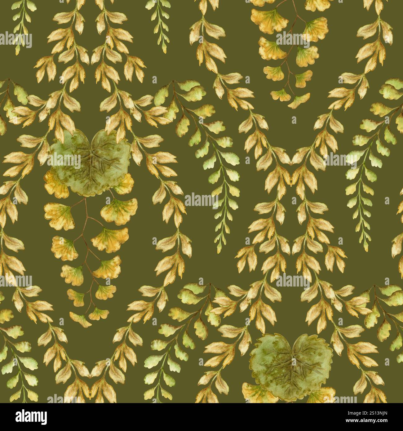 Farn hinterlässt ein nahtloses Muster auf grünem Hintergrund. Handgezeichnete botanische Oberfläche in Aquarellfarben mit strukturiertem prähistorischem Laub. Perfekt für die Verwendung von Stockfoto