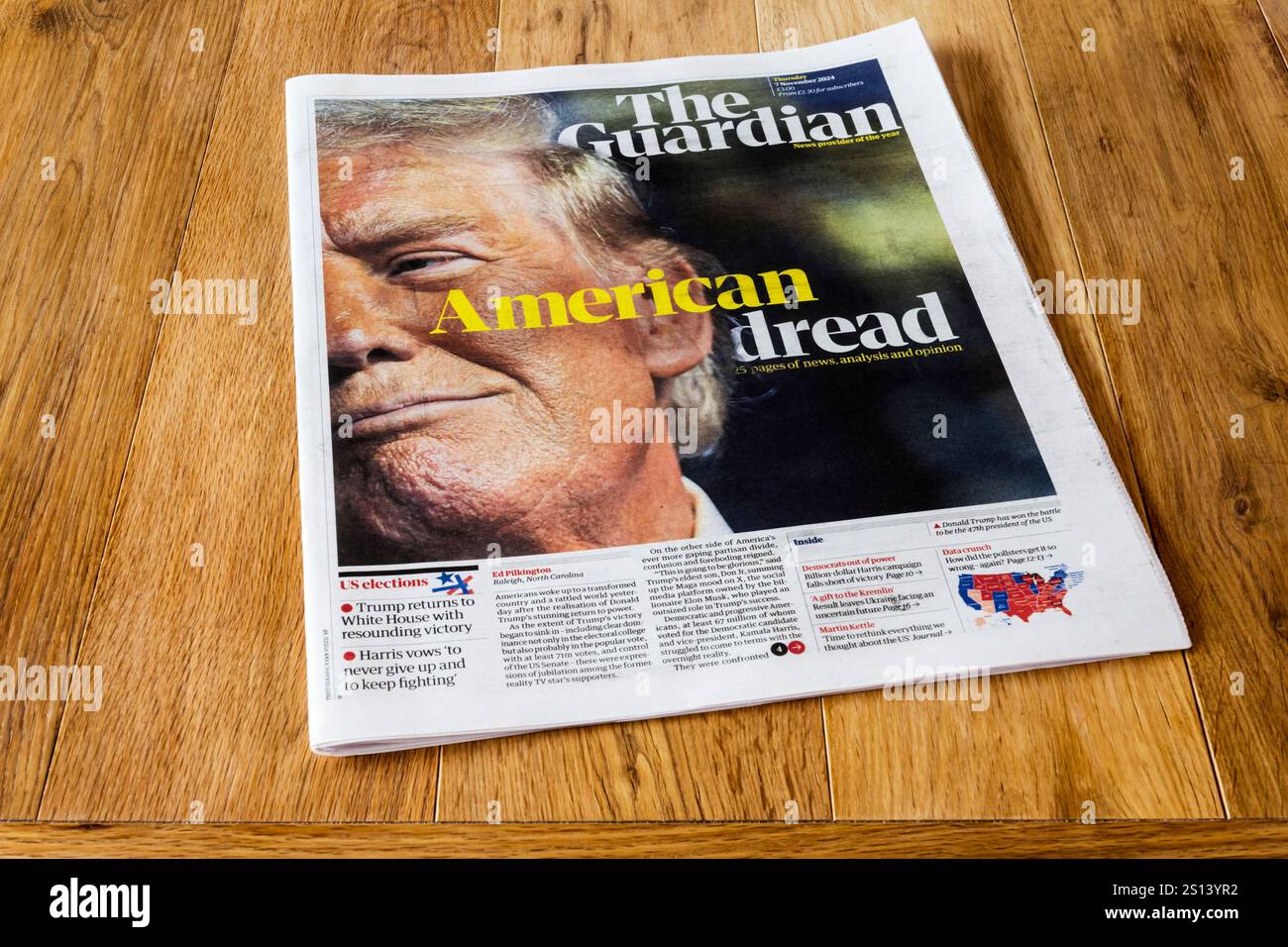 7. November 2024. Die Titelzeile des Guardian ist die amerikanische Angst, nachdem Donald Trump zum zweiten Mal gewählt wurde. Stockfoto