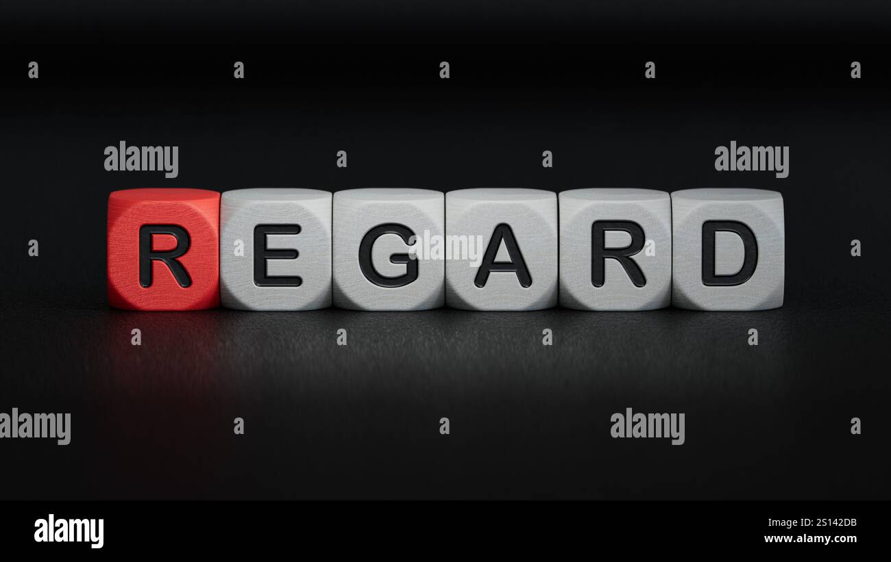 Holzwürfelblock in BEZUG AUF Geschäftswort.Nahaufnahme von Holzelementen,Business Concept.3D-Rendering auf schwarzem Hintergrund. Stockfoto