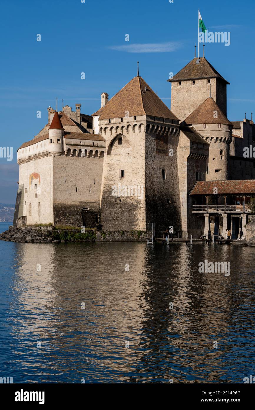 Schloss Chillon oder Chateau de Chillon ist eine Insel schloss am Genfer See in der Nähe von Montreux in der Schweiz Stockfoto