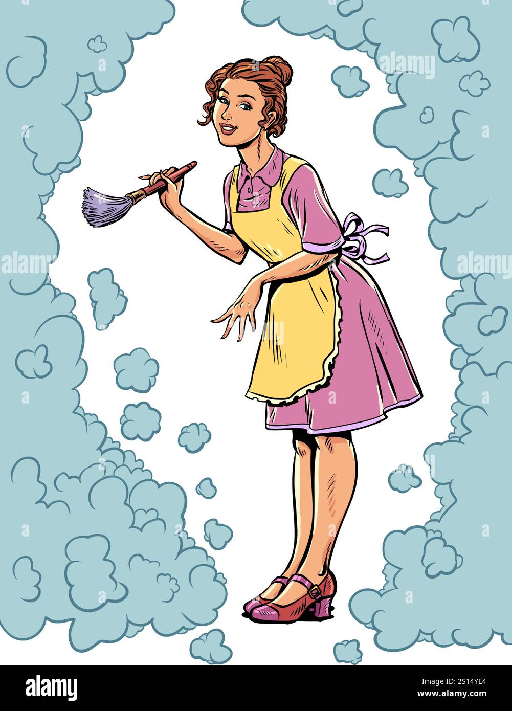Hausfrau, die Staub mit einer Bürste reinigt. Verkauf von Reinigungsprodukten und -Dienstleistungen. Reinigung öffentlicher Räume. Pop Art Retro Vektor Illustration Kitsc Stock Vektor