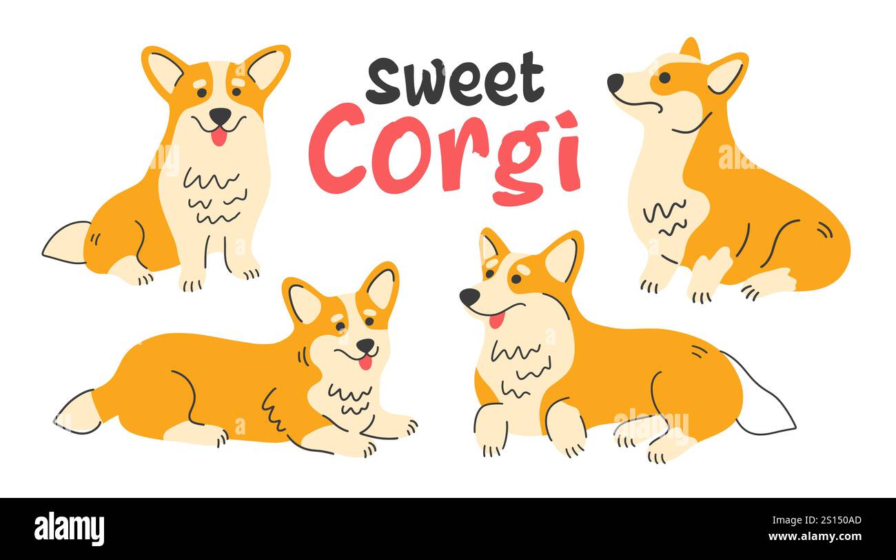 Niedliches walisisches Corgi-Set. Hund posiert flache Illustrationen Stock Vektor