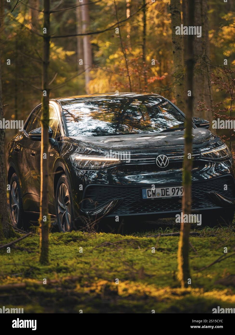 Auto zwischen Bäumen im Wald mit Sonnenstrahlen auf der Motorhaube, Car Sharing Vehicle Deer Mobility, Elektroauto VW ID5, Schwarzwald, Deutschland, Europa Stockfoto