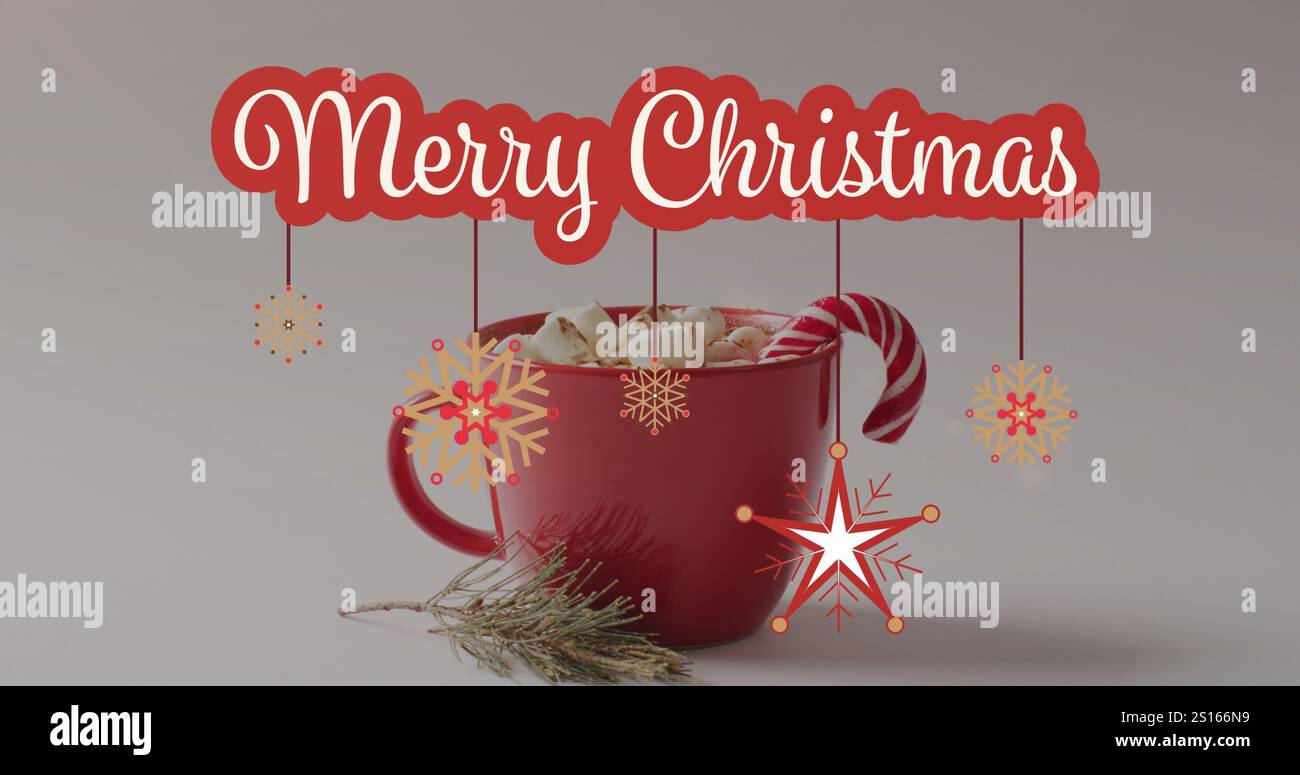 Bild des weihnachtsgrüßtextes über dem weihnachtsgetränk und der Dekoration Stockfoto