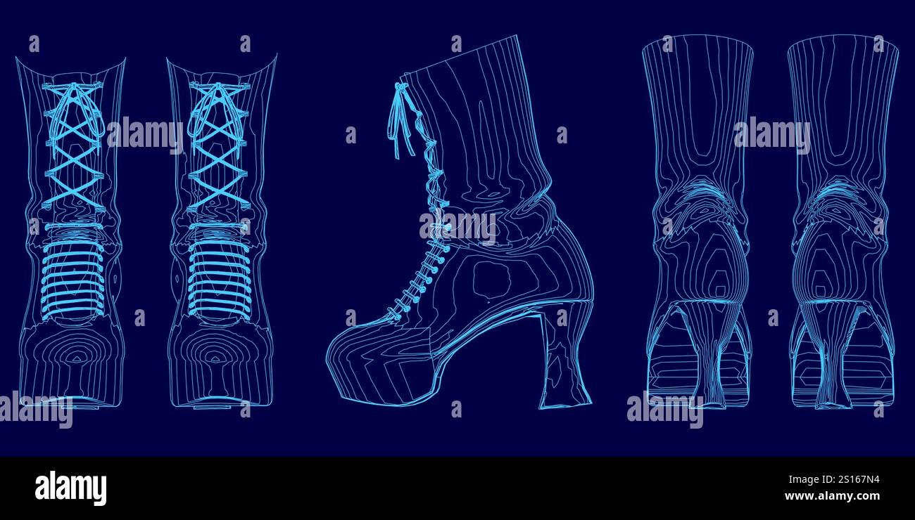 Serie blauer Bilder von Schuhen mit Schnürsenkeln. Die Schuhe sind in verschiedenen Positionen und Winkeln dargestellt Stock Vektor