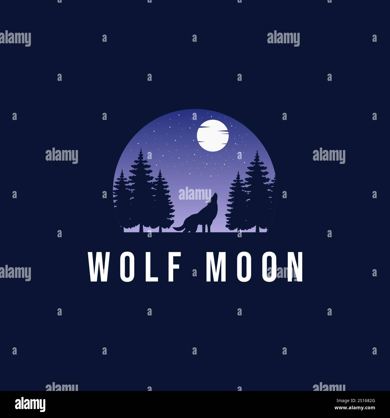 Wolf heult auf dem Mond im Wald. Logo-Vorlage. Vektorabbildung. - Vektor Stock Vektor